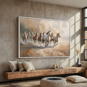 Running Horses Wall Art | Wild Mustang Canvas Print | Western Desert Animal Painting for Rustic Decor or Cabin | Nature Poster Ready to Hang