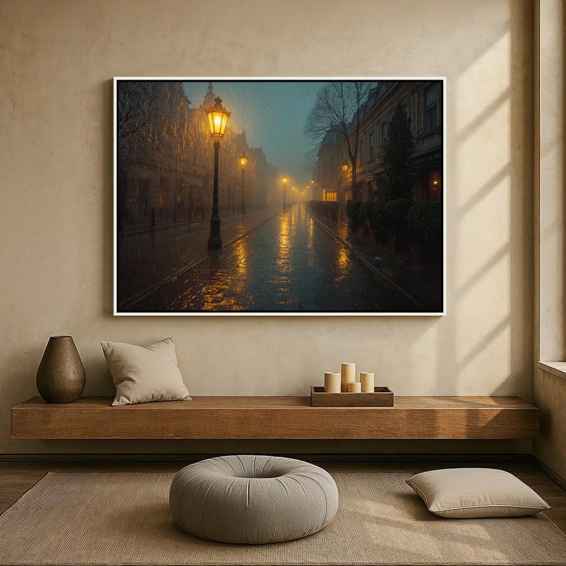 Rainy Evening City Street Canvas Wall Art | Moody European Night Scene ...
