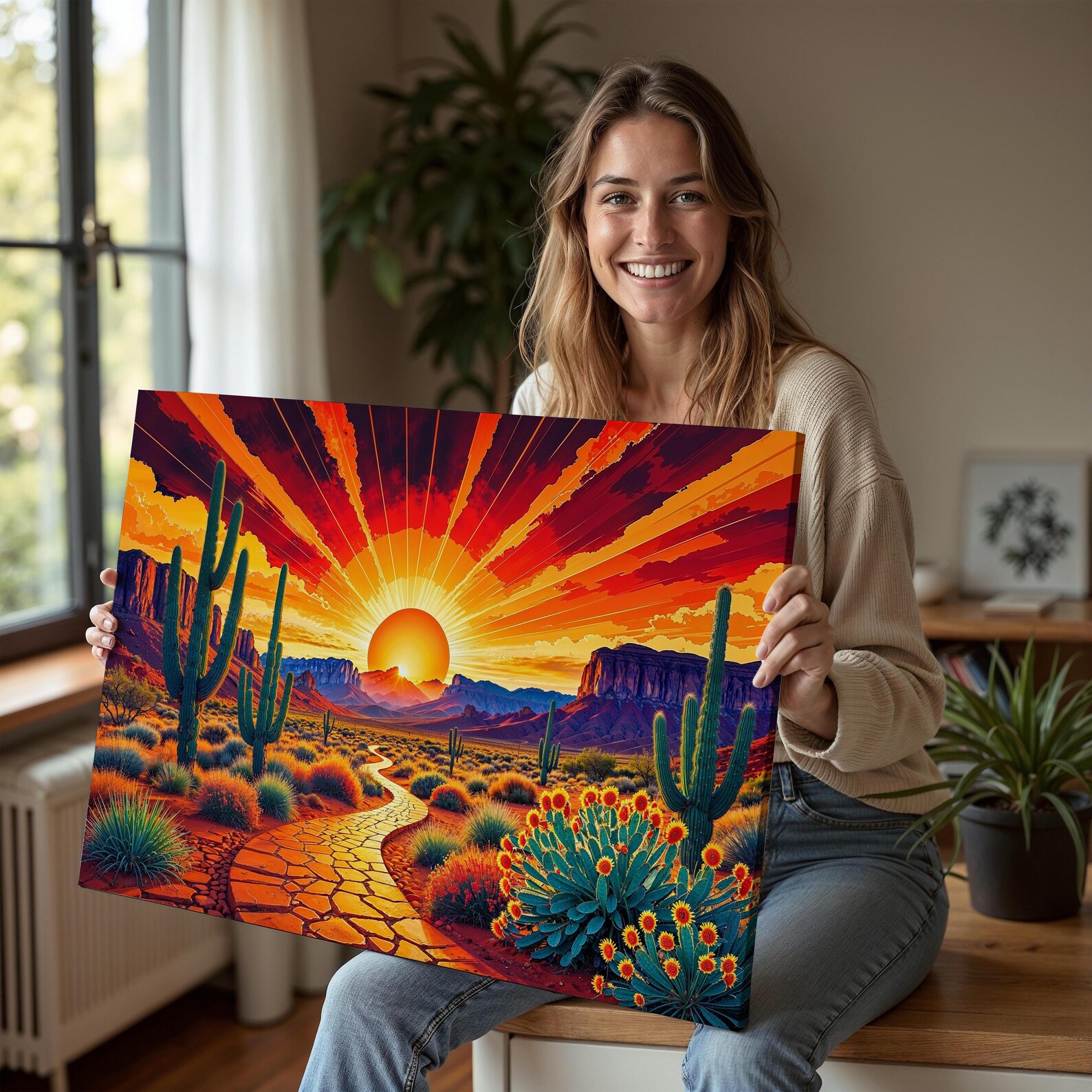 Desert Sunset Wall Art | Vibrant Cactus Landscape Canvas Poster ...