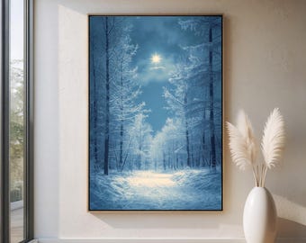 Peaceful Winter Forest Star Canvas Wall Art | Serene Snowy Night Path | Tranquil Blue Winter Home Decor | Ready to Hang