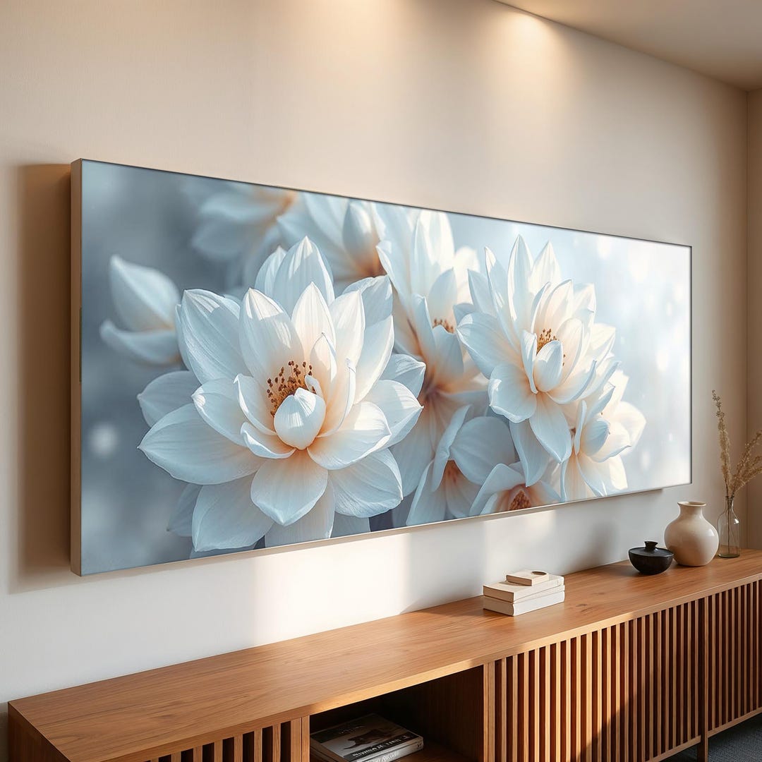 Panoramic White Lotus Canvas Wall Art | Soft Neutral Floral Poster ...
