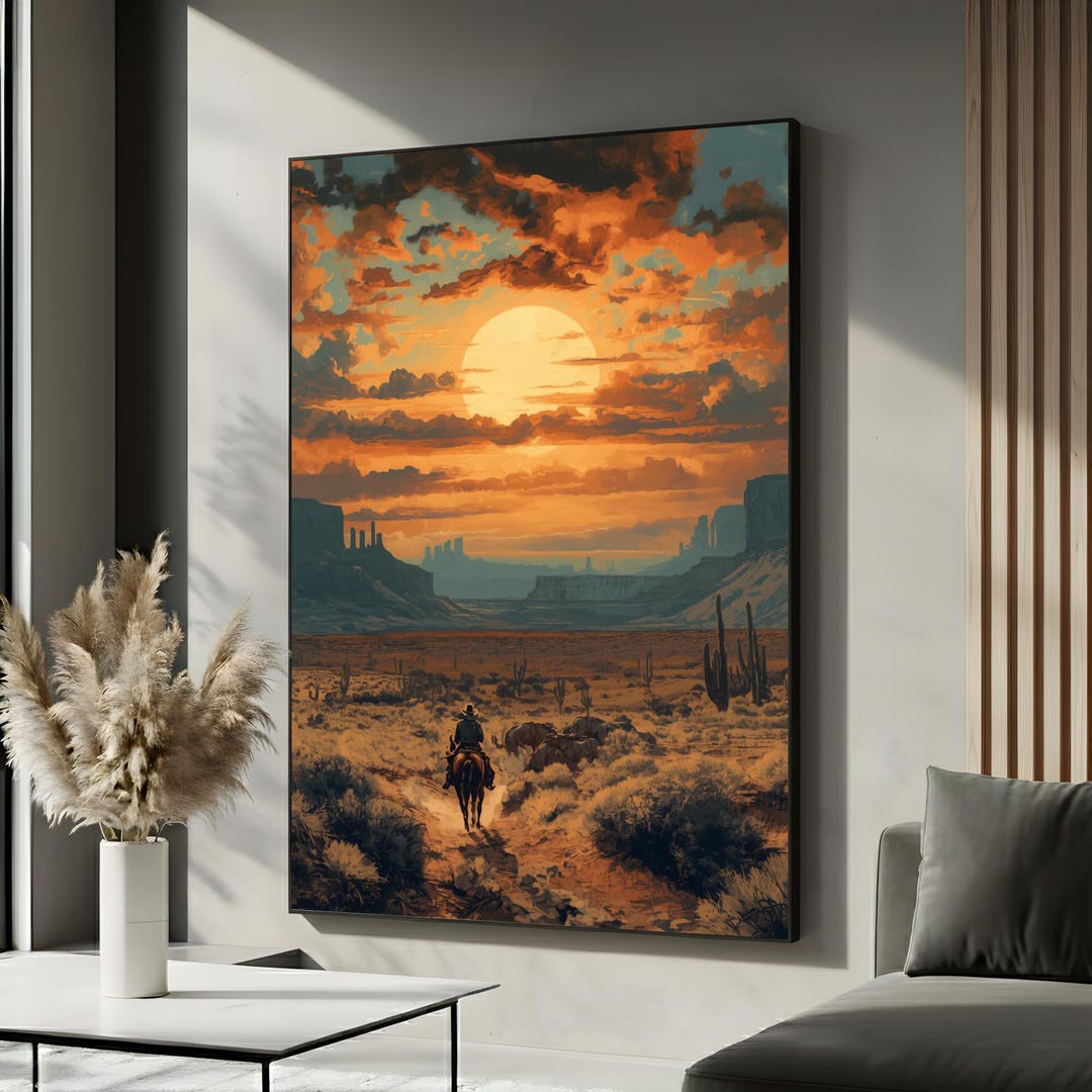 Cowboy at Sunset | Western Desert Landscape Canvas Wall Art | Rustic ...