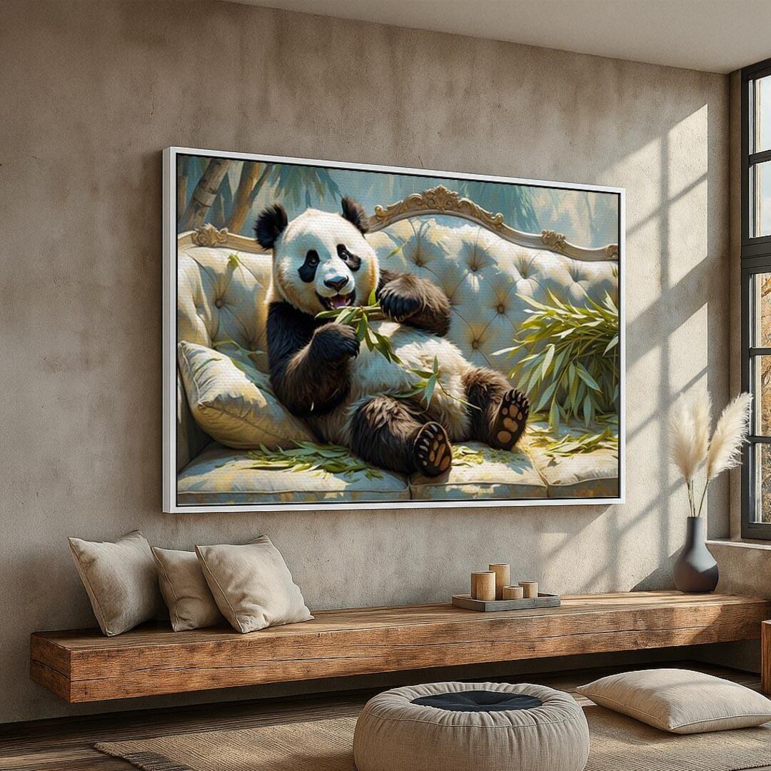 Cute Panda Eating Bamboo Wall Art | Whimsical Animal Canvas or Poster ...