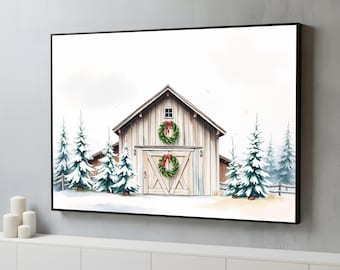 May include: Watercolor painting of a rustic barn scene. The barn is painted in light wood tones, adorned with Christmas wreaths and red bows. Snow-covered evergreen trees frame the barn, creating a winter holiday theme. The artwork is framed in a black border.