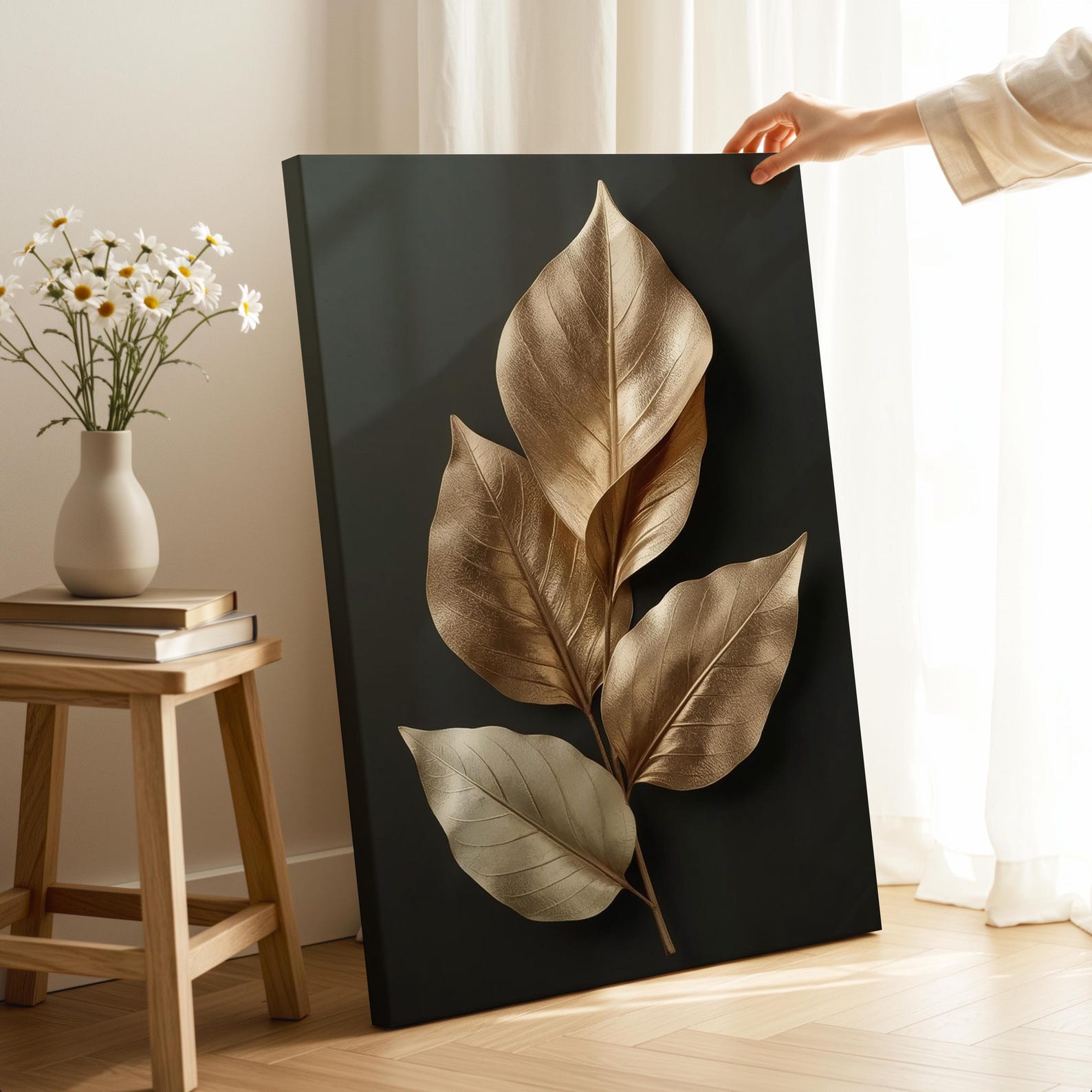 Golden Leaf Wall Art | Luxury Metallic Botanical Canvas | Modern 3D