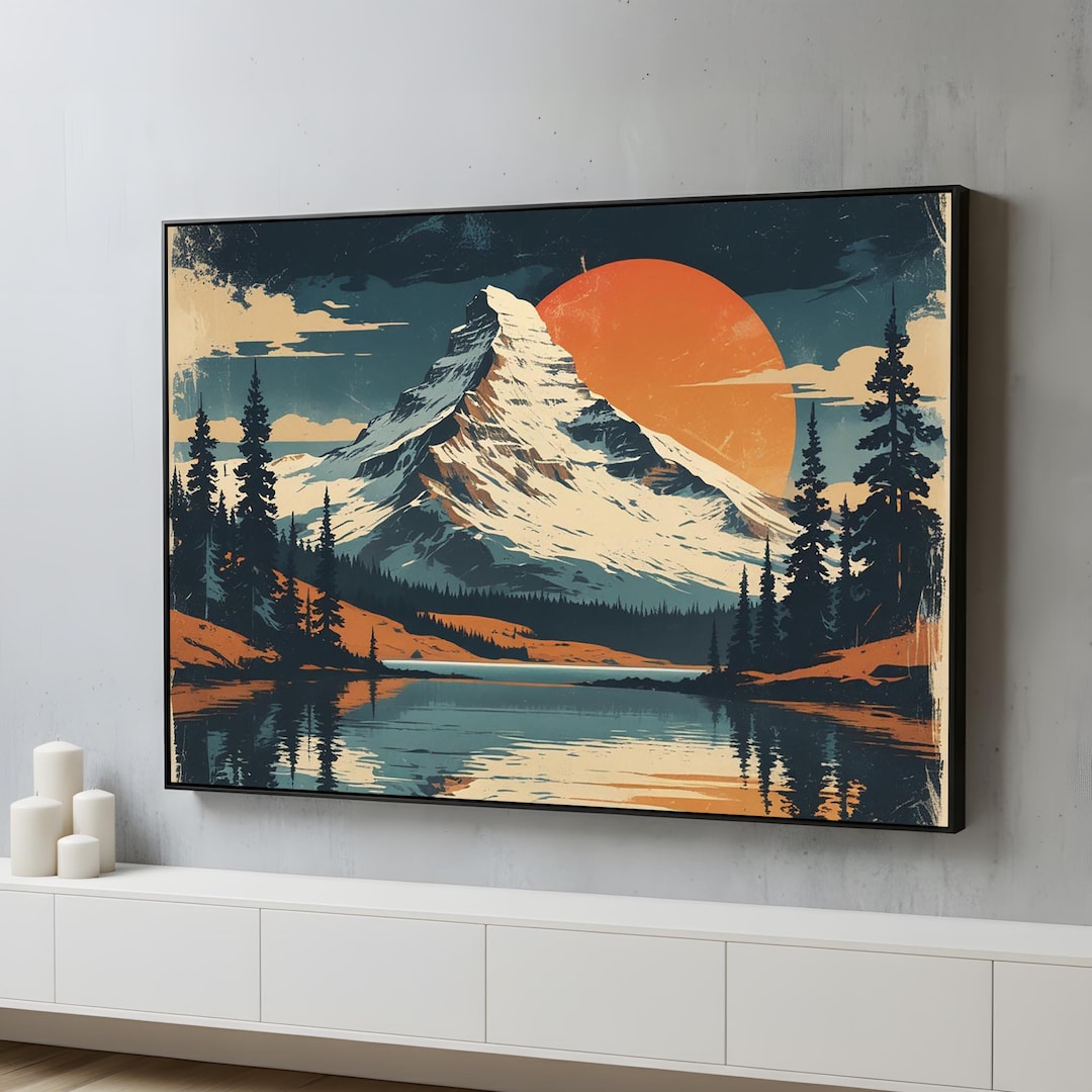 Vintage Mountain Landscape Canvas Wall Art | Retro Alpine Sunset Nature ...