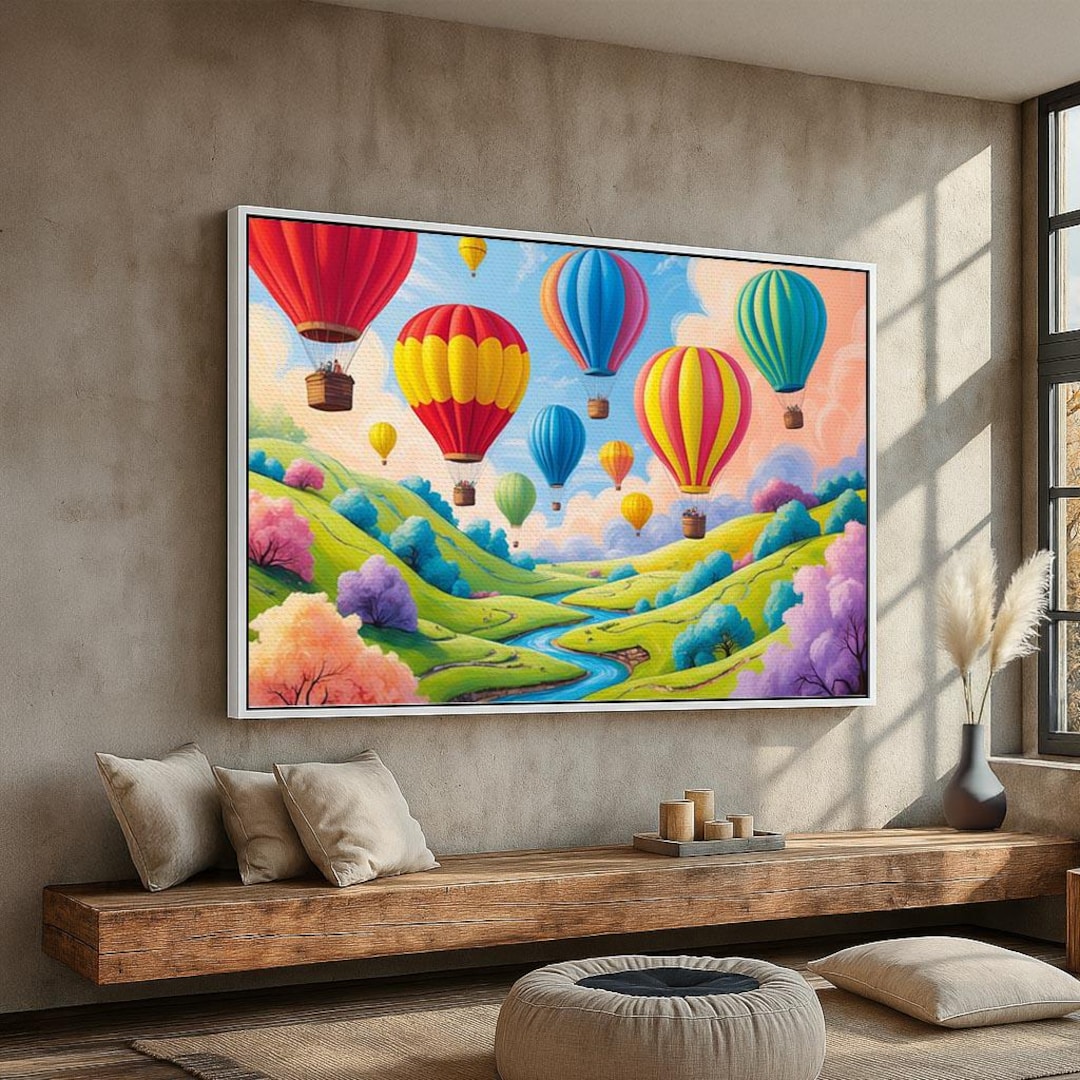colorful-hot-air-balloon-wall-art-whimsical-landscape-canvas-poster