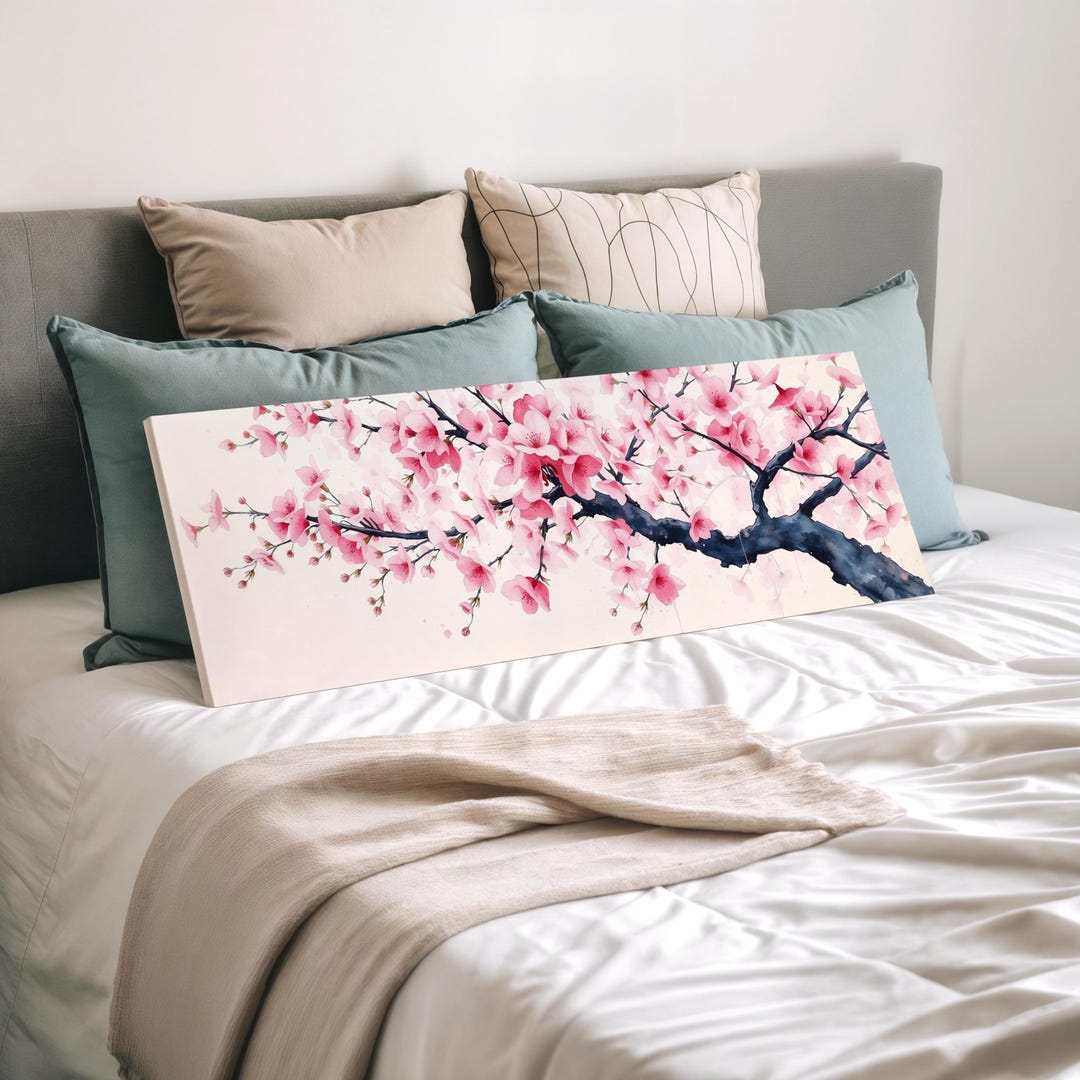 Panoramic Cherry Blossom Canvas Wall Art | Pink Sakura Watercolor ...