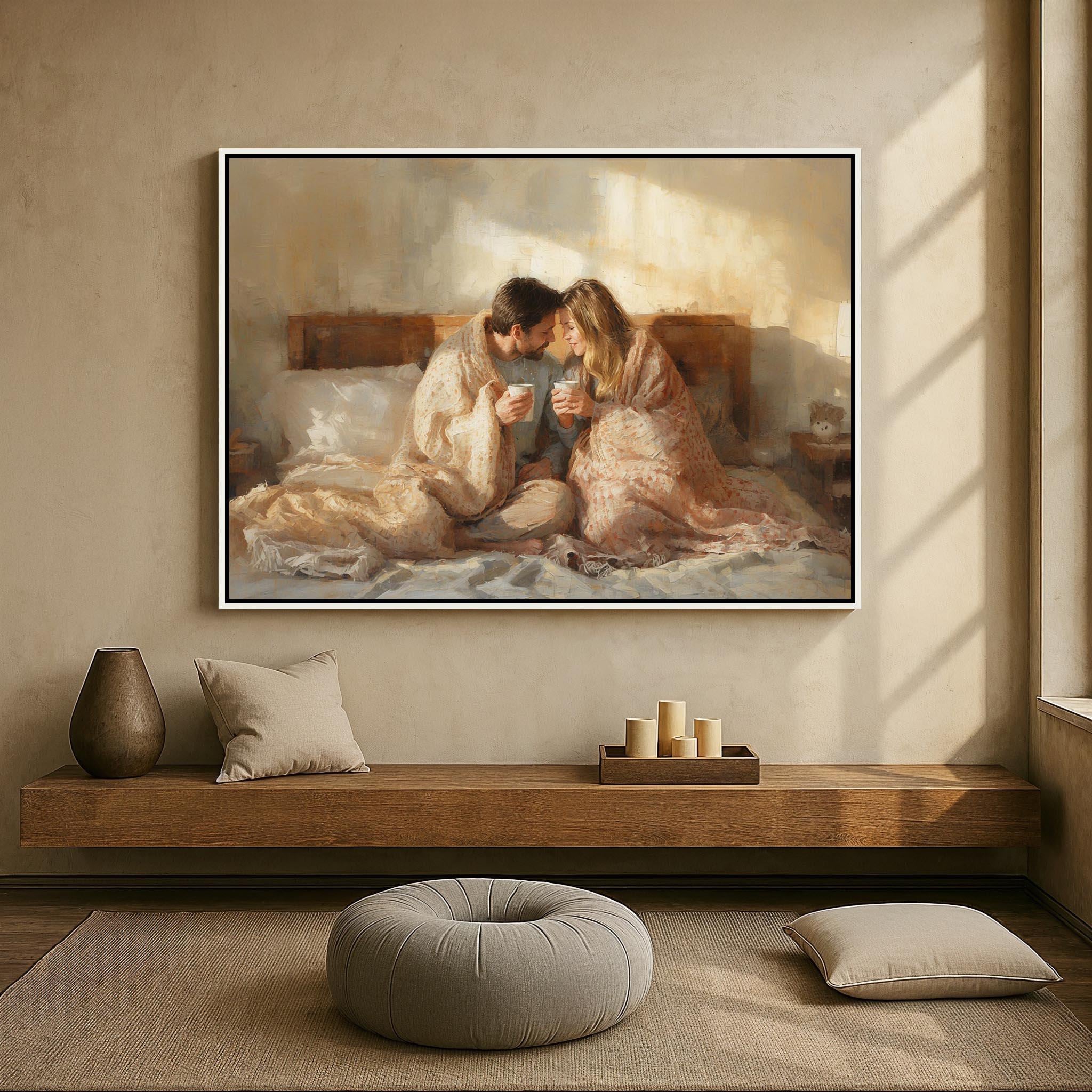 Romantic Cozy Couple Canvas Wall Art | Intimate Bedroom Love Painting ...