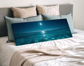 Moonlit Ocean Canvas Wall Art | Serene Night Seascape with Full Moon Reflection | Coastal Wall Decor for Bedroom Living Room | Ready to Hang