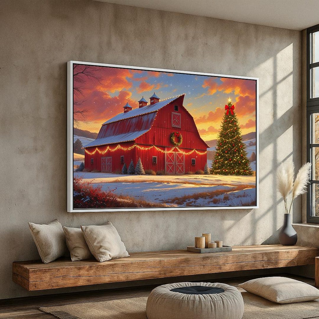 Rustic Red Barn Christmas Canvas Wall Art | Farmhouse Holiday Decor ...