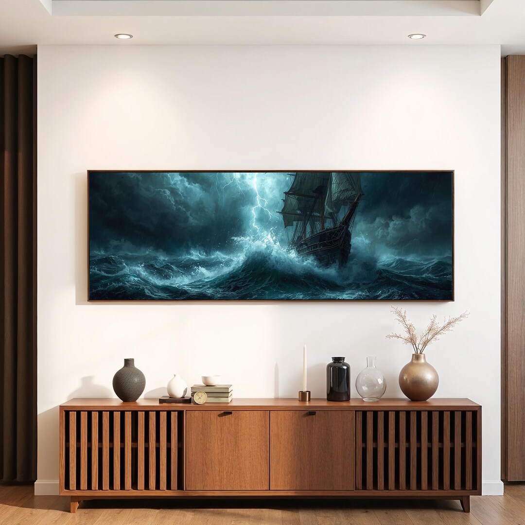 Stormy Sea Ship Canvas Wall Art | Dramatic Ocean Waves Poster | Dark ...