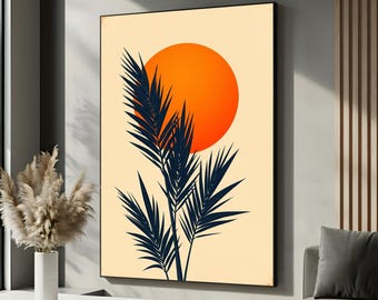 Minimalist Palm Tree Sunset Canvas Wall Art Poster | Tropical Sun Abstract Decor | Coastal Modern Home Accent | Framed Ready to Hang Art