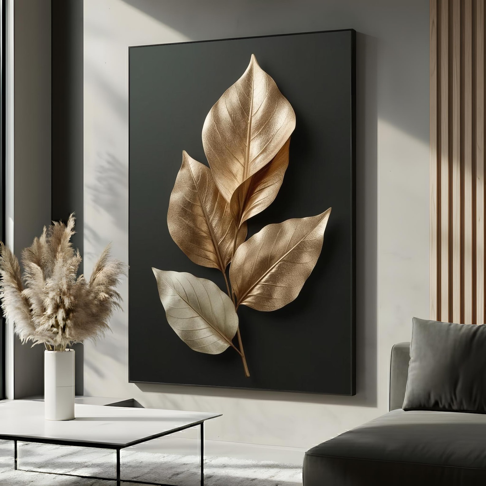 Golden Leaf Wall Art | Luxury Metallic Botanical Canvas | Modern 3D