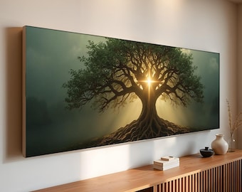 Tree of Life Cross Light Panoramic Canvas Wall Art | Christian Poster | Faith Symbol Nature Scene | Spiritual Decor | Ready to Hang