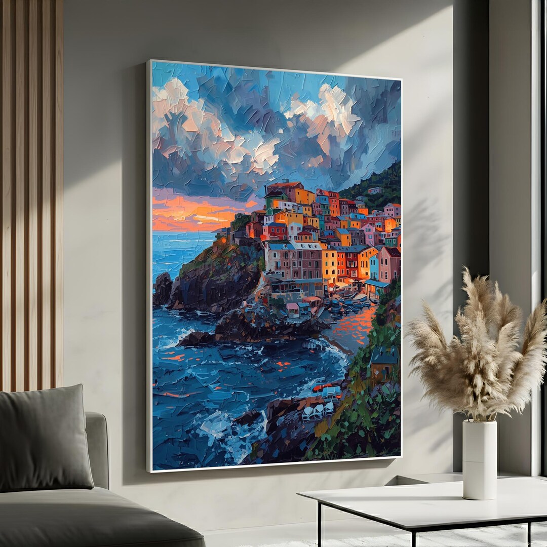Colorful Seaside Village Canvas Wall Art | Coastal Cliff Town Painting ...