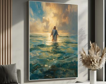 May include: A framed painting depicts a figure in flowing robes standing in water, with a bright light emanating from behind. The artwork features a serene seascape with a cloudy sky, rendered in shades of blue, gold, and white.