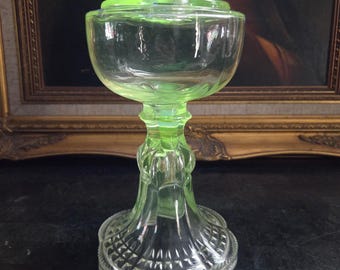 Antique 9" EAPG Glass Oil Lamp Pedestal Font – Victorian, UV Reactive