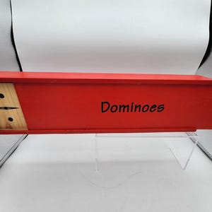 Vintage Wooden Oversized Dominoes Game Set in Red Box – Classic Wood Tile Domino Set with Sliding Lid – Rustic Mid-Century Table Game Decor