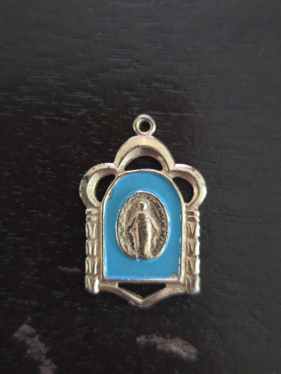 Vintage Miraculous Medal Pendant: Blue Enamel Gold Tone Catholic Charm ...