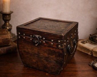 Vintage Wooden Mini Trunk Chest Brass Hardware Floral Carved Rustic Box