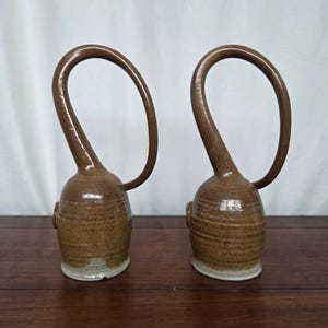 Pair 1981 R Beasom Studio Pottery Loop Handle Puzzle Mugs Medieval Style