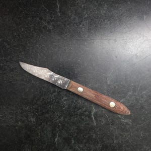 May include: A small, vintage-style knife with a wooden handle and a silver blade. The handle is a dark brown color and is secured with two silver rivets. The blade has a textured surface and a slight curve.