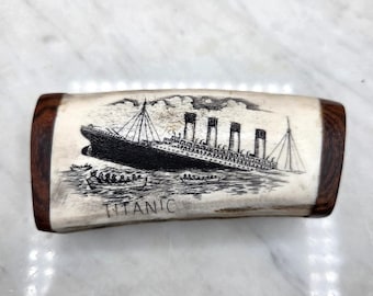 Vintage Bone Scrimshaw Titanic Sinking Scene Carving Maritime Folk Art Nautical