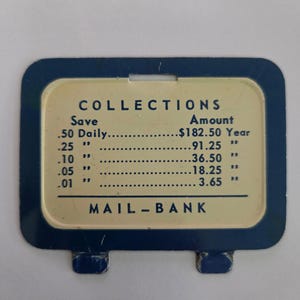 May include: A vintage Mail-Bank savings chart with a blue border and a cream-coloured interior. The chart lists daily savings amounts and corresponding yearly totals. The text "COLLECTIONS" and "MAIL-BANK" are prominently displayed.