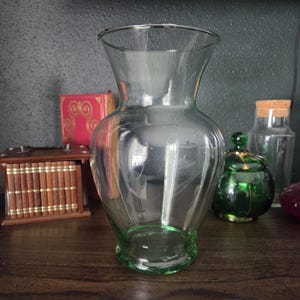 Vintage Mexican Recycled Glass Vase, Hand Blown Green Tint, Rustic Bubble Glass Vase with Smoothed Pontil, 10.75 Inches Tall