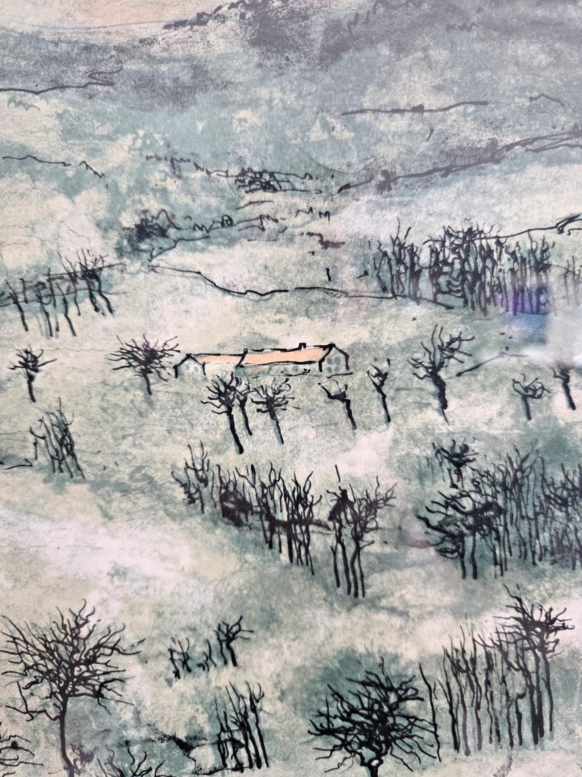 美品 ベルナール・ガントナー「冬の風景画」リトグラフ 直筆サイン入り