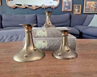 Trío de candelabros de latón vintage - Diseño de cuerda y bola de la India