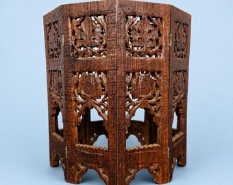 Hand Carved Folding Wood Plant Stand Table Base Vintage Floral Pierced Pedestal