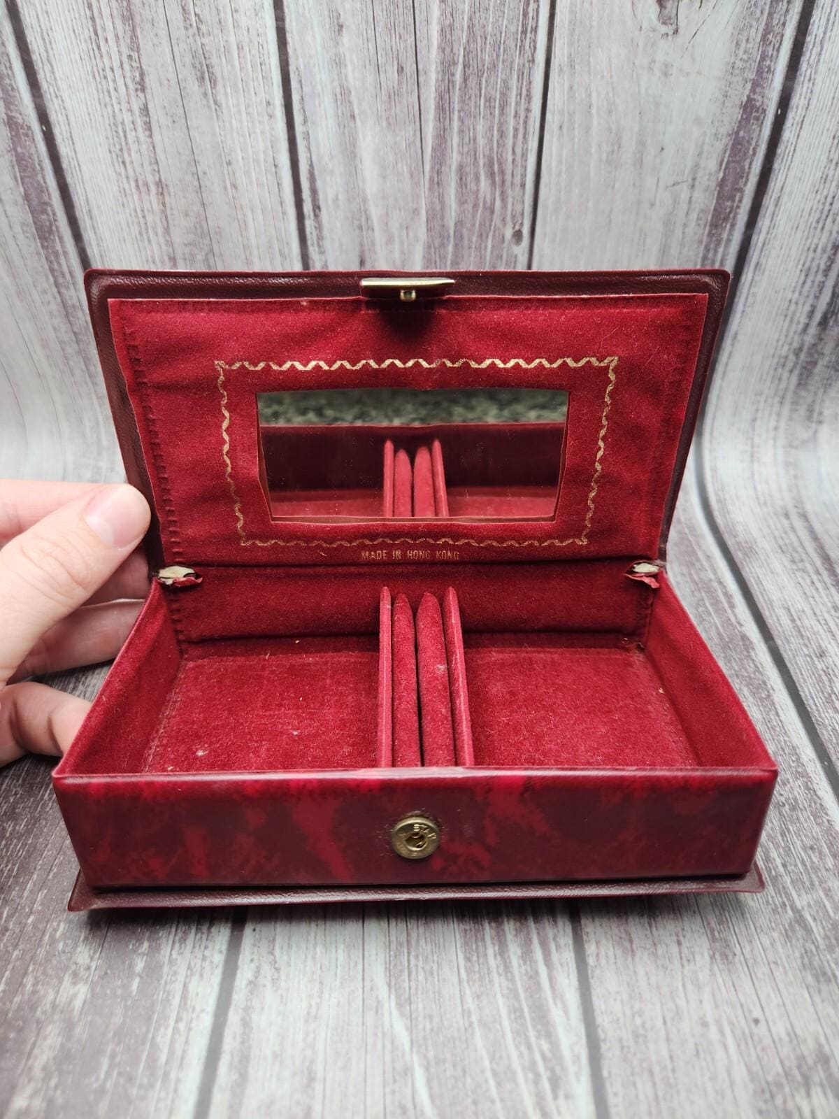 Vintage Red Vinyl Jewelry Box: Gold Motif, Velvet Lined - 1960s