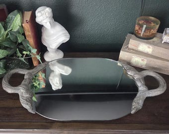 Vintage Hollywood Regency Silver-Plated Mirror Tray: Tassel Handles, 25.5"