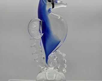 ムラーノスタイルアートガラスタツノオトシゴ彫刻 - 7.5インチブルー