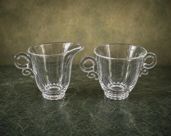 Heisey Glass Sugar Creamer Set Clear Scroll Handles Lariat Vintage Tableware