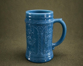 Antique Victorian Blue Opaque UV Glass Stein Colonial Militia Pilgrim Relief Mug