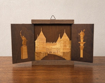 Hölzerne Einlegearbeit Triptychon Vintage Wandtafel Armenische Burg Inlay