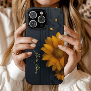 Personalized Sunflower Tough Phone Case - Custom Floral Gift for Her with Name - Cute Yellow Protective Phone Cover for Women or Friends