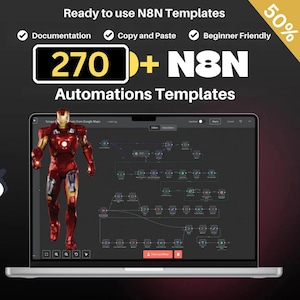 Könnte beinhalten: Ein Laptop zeigt Automatisierungsvorlagen und eine Iron Man-Figur. Das Bild enthält den Text "Ready to use N8N Templates" und "270+ N8N Automations Templates". Auf der linken Seite des Bildes befindet sich ein Robotercharakter.