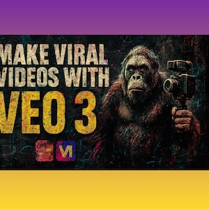 Puede incluir: Ilustraci&oacute;n de un gorila sosteniendo una c&aacute;mara de video vintage. El texto "MAKE VIRAL VIDEOS WITH VEO 3" se muestra en negrita, con un logotipo en la parte inferior. La paleta de colores incluye tonos de marr&oacute;n, amarillo y morado.