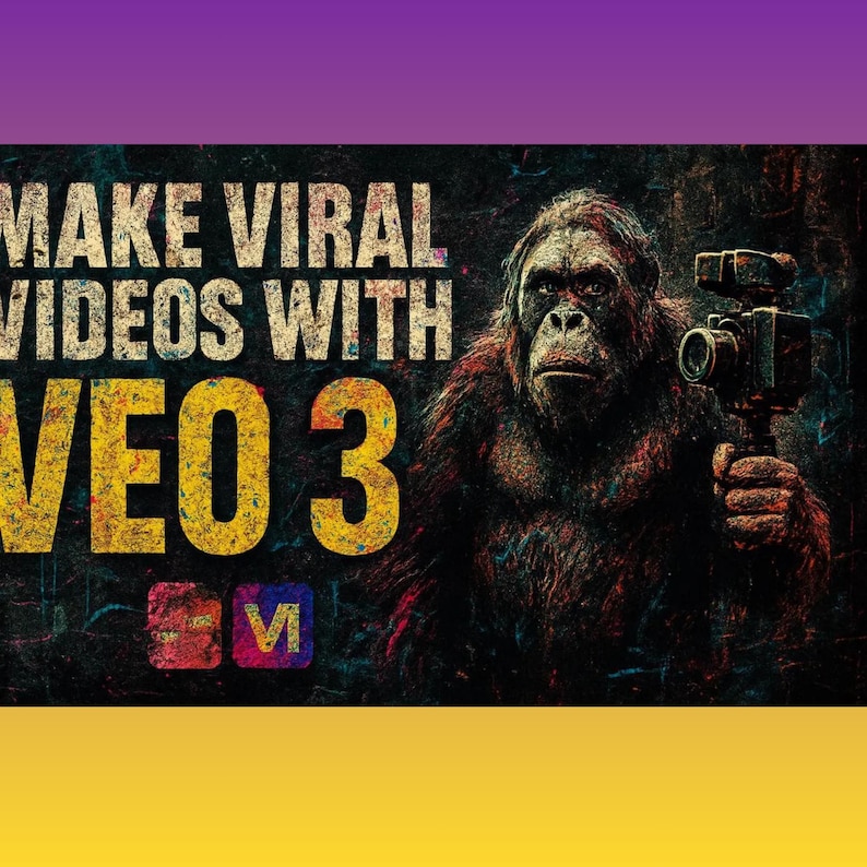 Puede incluir: Ilustraci&oacute;n de un gorila sosteniendo una c&aacute;mara de video vintage. El texto "MAKE VIRAL VIDEOS WITH VEO 3" se muestra en negrita, con un logotipo en la parte inferior. La paleta de colores incluye tonos de marr&oacute;n, amarillo y morado.