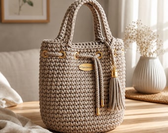 Handmade Crochet Bucket Bag Beige Tote Purse Knitted Drawstring Handbag Women Shoulder Bag Boho Chic Everyday Gift