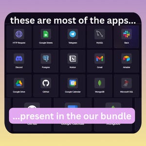 Może przedstawiać: Siatka ikon aplikacji na ciemnym tle, w tym HTTP Request, Google Sheets, Telegram, MySQL, Slack, Discord, Postgres, Notion, Gmail, Airtable, Google Drive, GitHub, Google Calendar, MongoDB i Microsoft SQL. Tekst: "these are most of the apps... present in the our bundle."