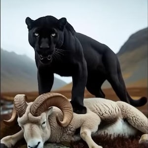 May include: A black panther stands over a fallen ram in a naturalistic setting. The panther's fur is a deep black, contrasting with the ram's light brown coat and large, curved horns. The background features a mountainous landscape.