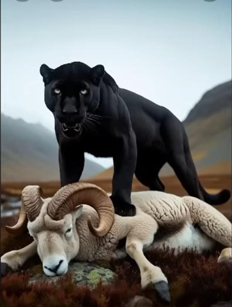 May include: A black panther stands over a fallen ram in a naturalistic setting. The panther's fur is a deep black, contrasting with the ram's light brown coat and large, curved horns. The background features a mountainous landscape.