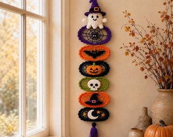 Halloween Crochet Hanging Decoration Pattern PDF, 2 Foot Halloween Garland, Ghost Spider Web Pumpkin Skull Witch Hat Crochet Pattern