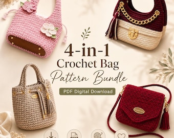 Crochet Bag Pattern Bundle PDF | 4-in-1 Tote, Shoulder, Crossbody & Drawstring Bag Patterns | Instant Download