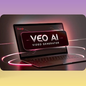 Puede incluir: Un port&aacute;til con una superposici&oacute;n gr&aacute;fica roja y blanca que muestra "VEO AI VIDEO GENERATOR". El logotipo de Google est&aacute; en la esquina superior izquierda. El port&aacute;til est&aacute; abierto, con una pantalla oscura y un teclado plateado. El fondo tiene un degradado de morado y amarillo.
